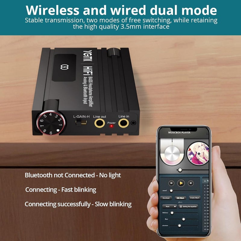 YGiTK Professional 16-600Ω Bluetooth Headphone Amplifier with Bass Boost,3.5mm Portable HiFi Earphone Amplifiers,Gain Switch Bass Volume Adjust & Aluminum Case,Rechargeble Headphone Amp for Laptop - Image 3